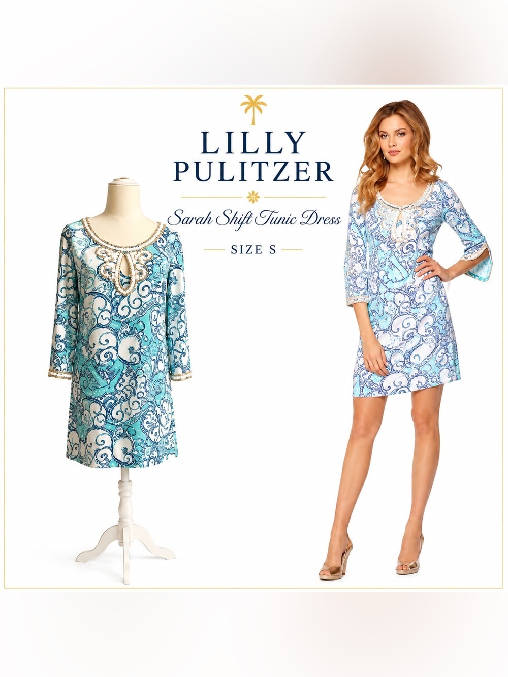 Lilly Pulitzer Sarah Beaded Shift Dres S Spa Blue Resort Vacation Coastal Cruise